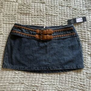 Fashion Nova Dark Denim Mini Skirt with Brown Belt Detail NWT